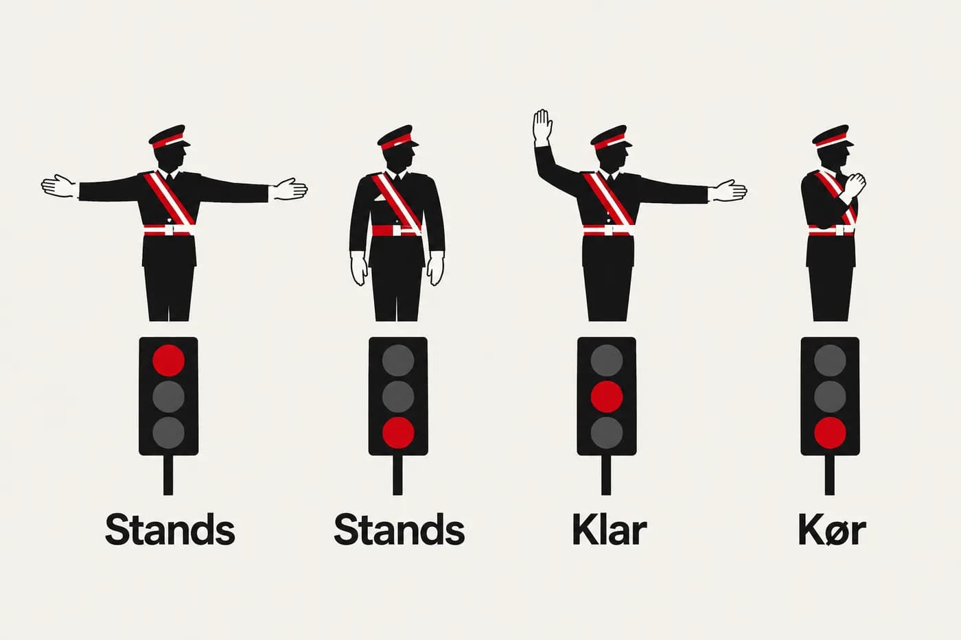 Fire tegninger af en politimand, der regulerer trafik, med det lyssignal hver stilling svarer til: armene ud til siden med brystet mod dig betyder stands, ryggen mod dig betyder stands, en arm i vejret betyder klar, og siden til dig betyder kør.